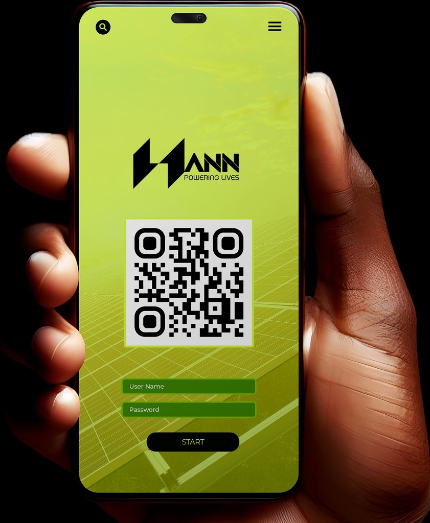 Hand holding a phone showing the Hann app — QR login, lime interface, and solar panel artwork