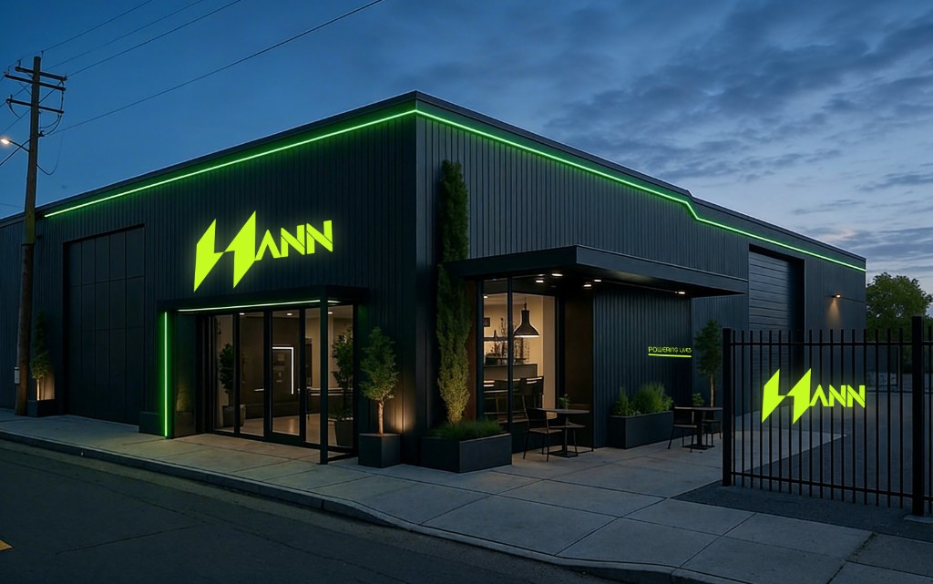 Hann flagship building at dusk with neon green Hann logo and Powering Lives branding